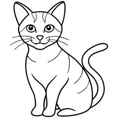 Cute cartoon cat, black and white line drawing, big expressive eyes, simple design, sitting pose, curled tail, whiskers, pointy ears, minimalist style, children's book illustration, clean lines, symme