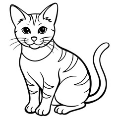 Cute cartoon cat, black and white line drawing, big expressive eyes, simple design, sitting pose, curled tail, whiskers, pointy ears, minimalist style, children's book illustration, clean lines, symme