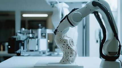 A sophisticated robotic artist creating digital sculptures in a high-tech art studio, clean and innovative environment with a focus on artistic expression, Digital style