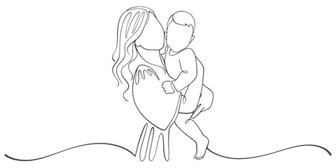 Mother carrying boy line art style vector illustration