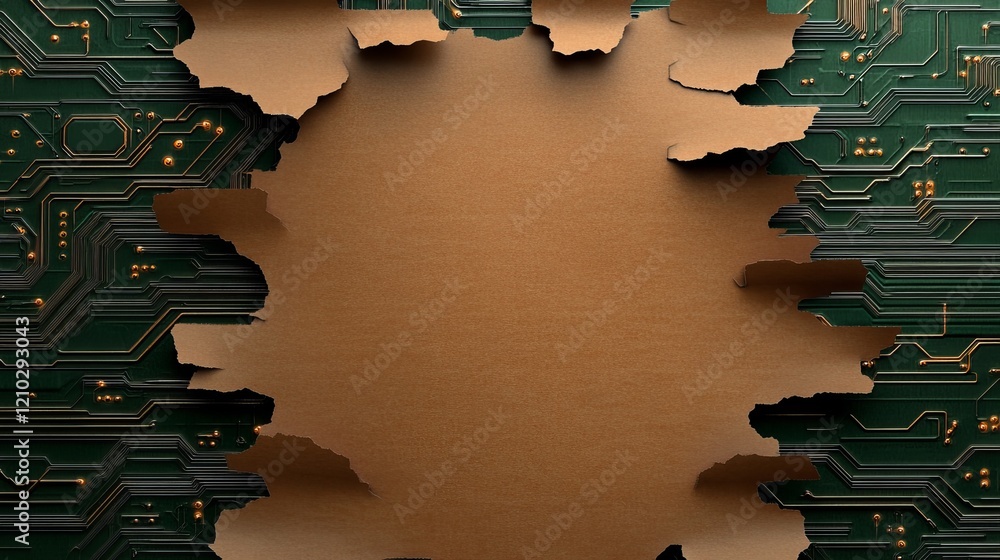 Poster an abstract image featuring a torn piece of cardboard emerging from a green circuit board background