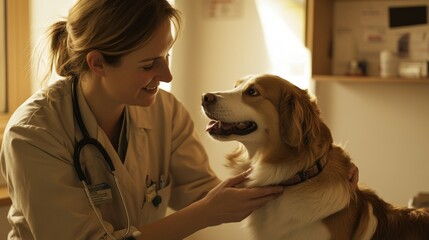 Caring veterinarian interacts with a dog in a clinic setting
