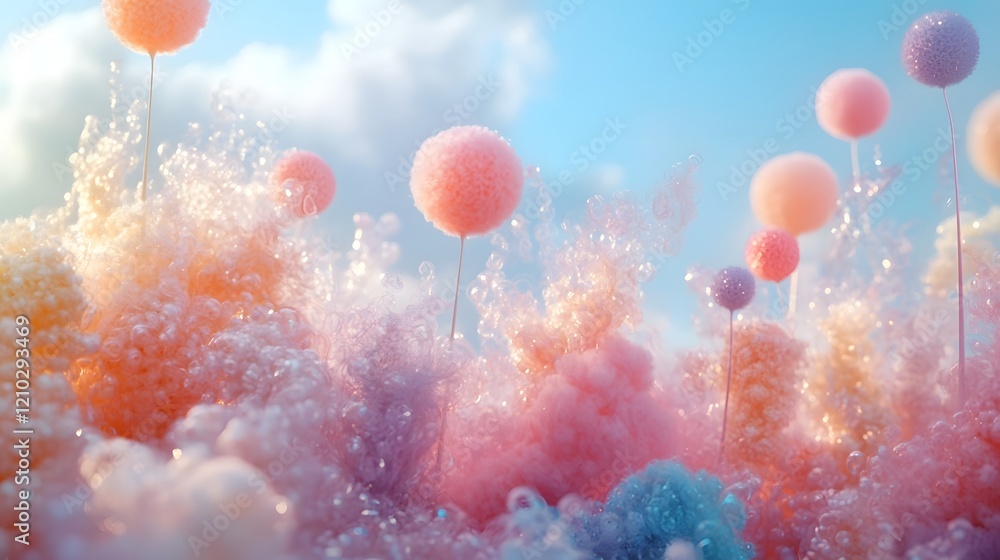 Poster whimsical and dreamy pastel gradient background with soft textured layers fluffy details and a gentl