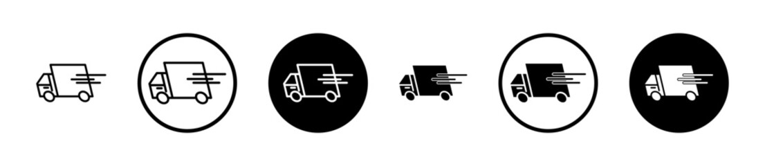 Moving truck icons set in black filled and stroke line style