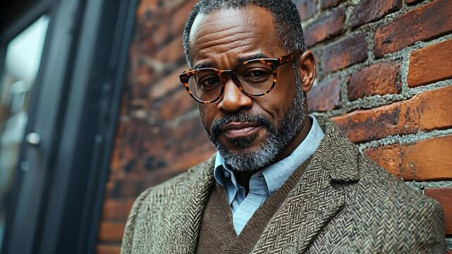 Mature Man Contemplative Portrait: A thoughtful and distinguished middle-aged man with glasses and salt-and-pepper beard leans against a red brick wall, his gaze intense and introspective.