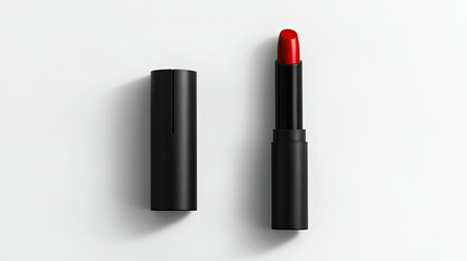 Obraz premium Modern black lipstick tube with striking red lipstick displayed on a pristine white background with its cap nearby.