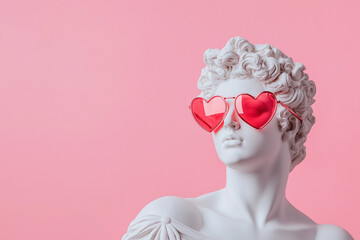 white marble sculpture of a classical Greek god wearing red heart-shaped sunglasses, set against a soft pink background