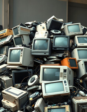 dump of old broken obsolete computer with displays or tv, pile of junk electronics, industrial concept, masterpiece, with white tones