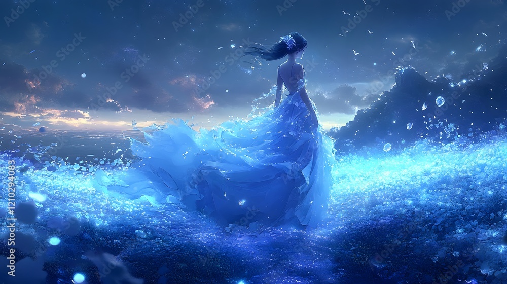 Poster luminescent dynamic fluid designs with soft flowing textures and shimmering details create an ethere