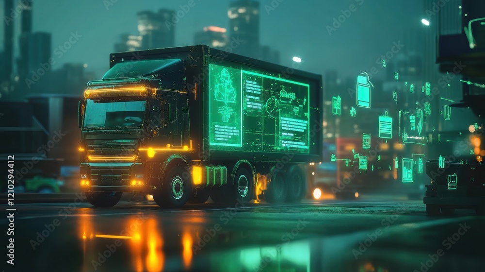 Poster self driving truck navigating a futuristic cityscape at night, featuring a digital display with data