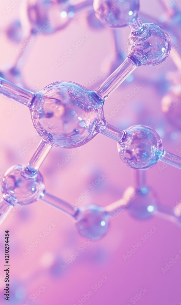 Poster close-up view of a transparent molecule structure with purple and pink background light effect