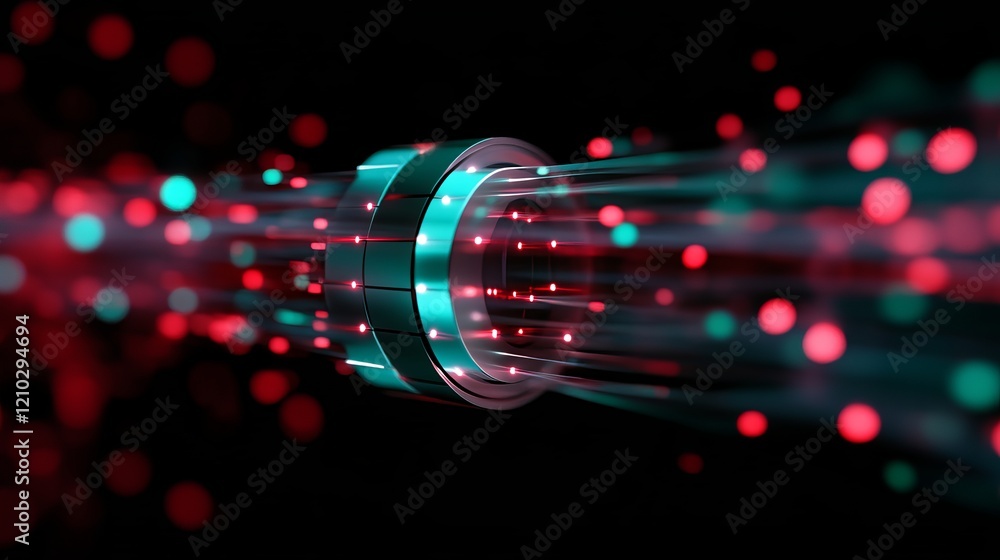Poster an abstract illustration featuring a metallic ring emitting vibrant red and teal light particles, cr