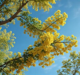 Cassia fistula tree with blooming flowers against a clear blue sky on a warm day , bright yellow blooms in sunlight , blooming branches, flowering tree