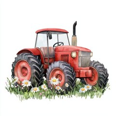 Obraz premium Charming red tractor surrounded by flowers watercolor illustration