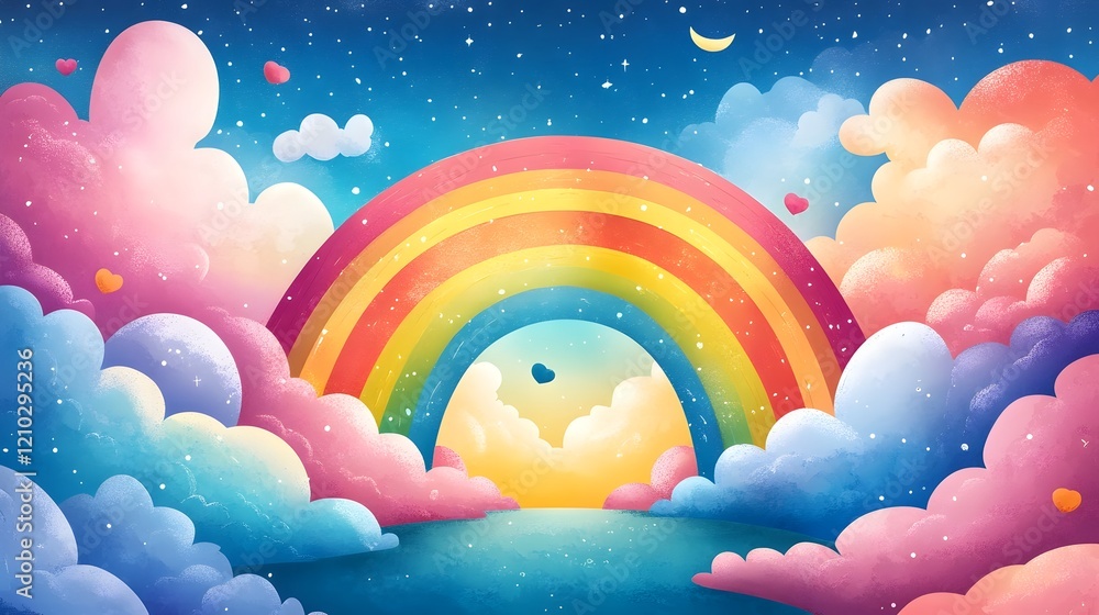 Poster mesmerizing scene of dynamic and lively rainbows surrounded by fluffy clouds cascading in a vibrant 