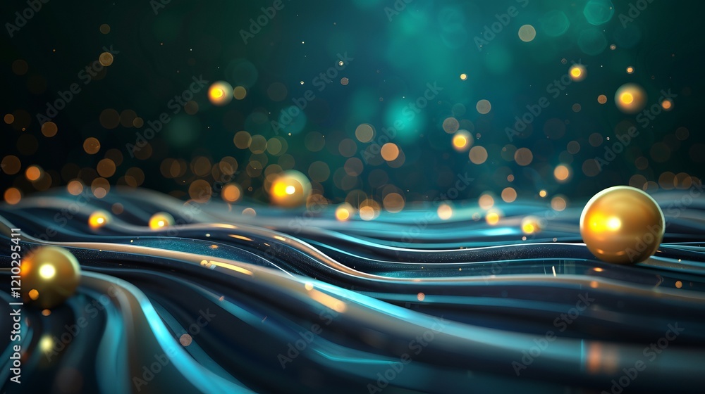 Poster abstract image featuring flowing waves with golden spheres on a tranquil teal background, creating a