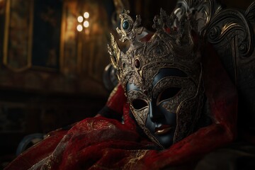 Ornate mask with crown and red fabric in dimly lit room