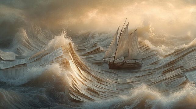 sailboat navigating through waves made of book pages, symbolizing storytelling, imagination, and the journey of knowledge