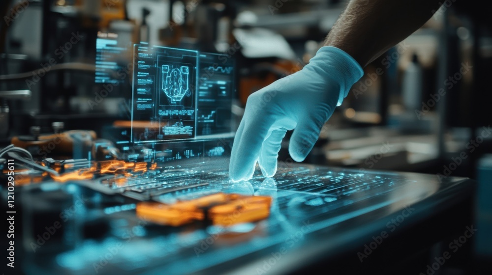 Poster engineer wearing a protective glove uses a futuristic holographic interface to control and monitor a