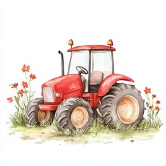 Obraz premium Charming red tractor surrounded by flowers watercolor artwork nature
