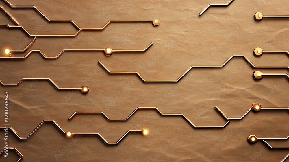 Poster abstract composition of metallic circuit lines on textured paper background, featuring glowing light