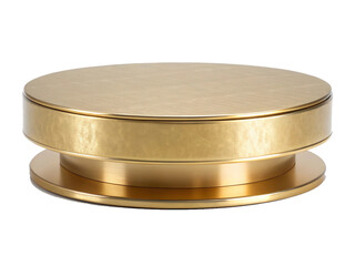 Gold circular platform, metallic sheen, minimalist design, flat top surface, cylindrical base, luxurious object, jewelry display stand, sleek modern aesthetic, brushed brass finish, symmetrical shape,