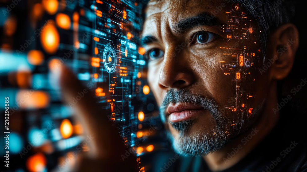 Aufkleber futuristic interface with man interacting with ai technology for research and development
