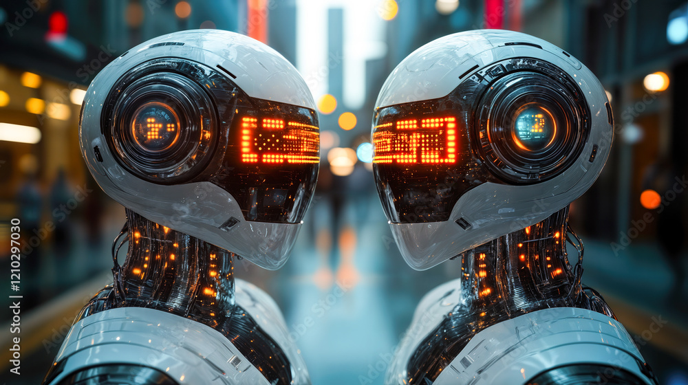 Poster futuristic conversational ai robots engaging in dynamic real-time interaction
