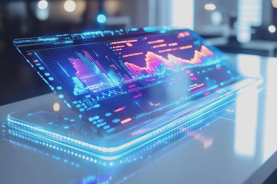 Laptop with a digital screen on top displaying various applications and data for technology and work purposes