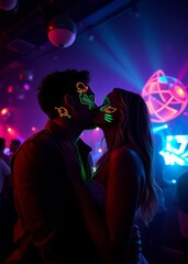 Couple kissing in the disco club with fluorescent paintings on the faces love love heart valentine vector romantic day holiday 