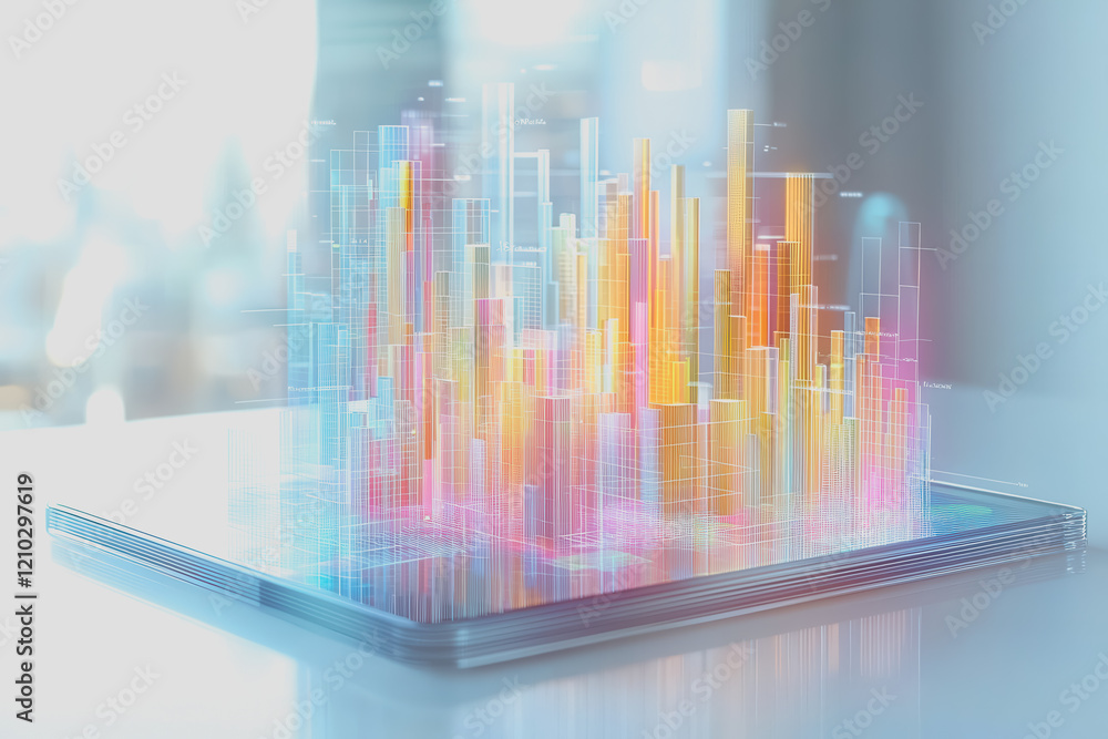 Poster tablet displaying a detailed cityscape on its screen with modern buildings and urban features in a d