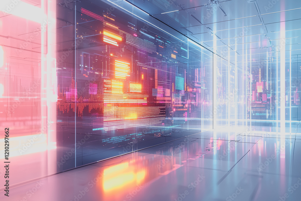 Poster futuristic room featuring a large screen with modern design elements and ambient lighting for a high