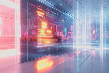 Futuristic room featuring a large screen with modern design elements and ambient lighting for a high-tech atmosphere