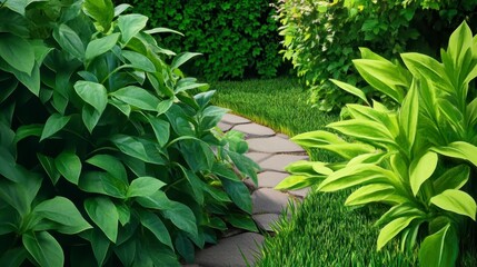 Obraz premium Lush Green Pathway Surrounded by Vibrant Foliage in Garden