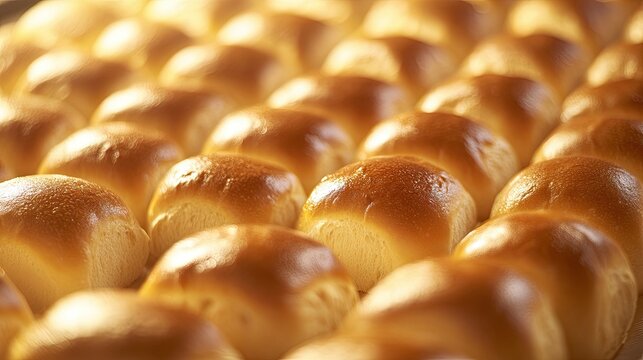 Rows of golden, freshly baked rolls moving along a conveyor belt in a modern industrial bread-baking facility.