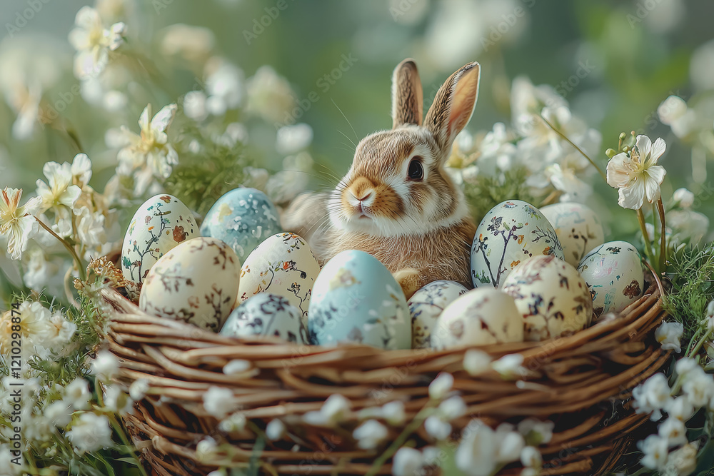Poster rabbit sitting in a basket surrounded by colorful easter eggs on a soft surface in a bright room