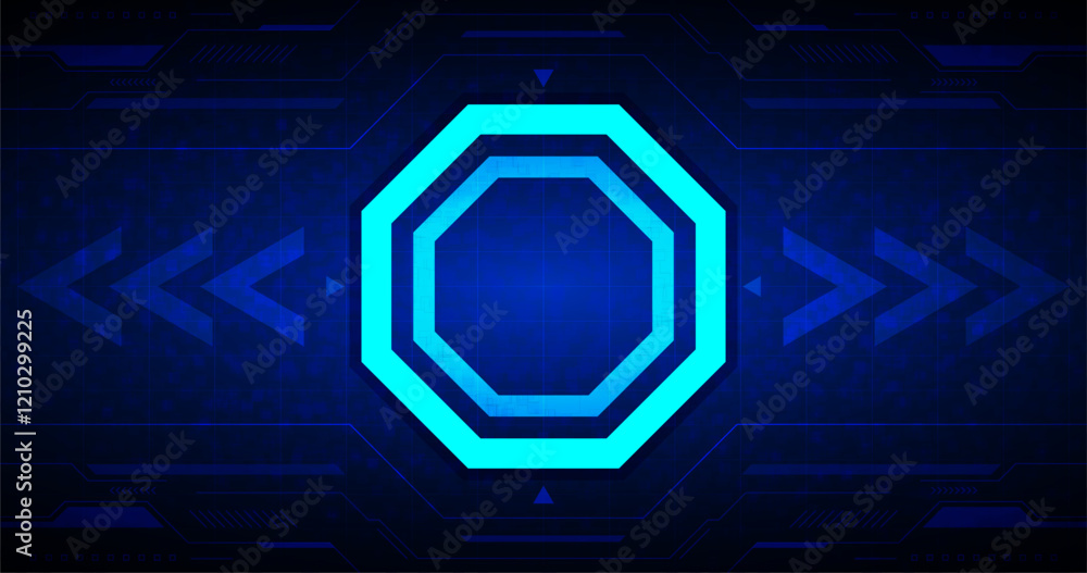 Aufkleber hud technology : abstract blue octagon shape glowing in dark futuristic cyber background with arrow 