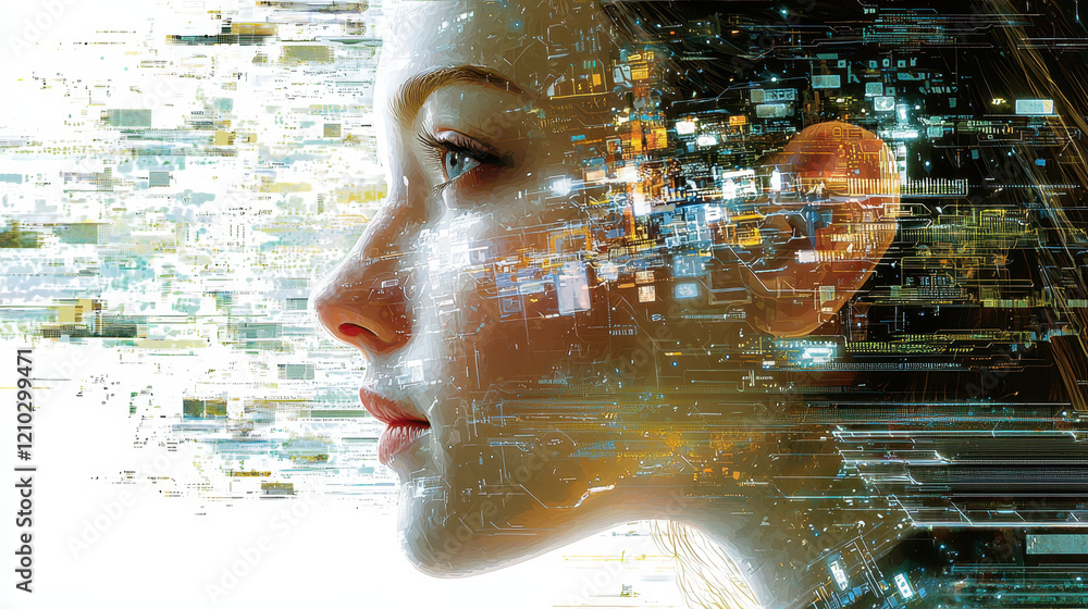 Aufkleber portrait of a woman from the year 2100 showcasing enhanced features with nanotech circuits and glowi