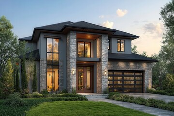 Modern Two-Story Home in Texas Showcasing Stone and Wood Accents Amid Lush Greenery. Generative AI