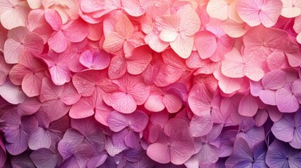 Naklejka premium Close-up view of pink, purple and red hydrangea petals creating a vibrant floral background