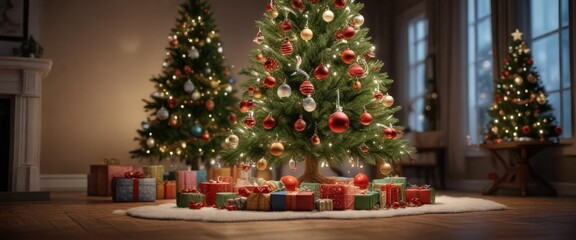 Christmas tree decorated with ornaments and lights, magical ambiance, shining garlands, peaceful atmosphere