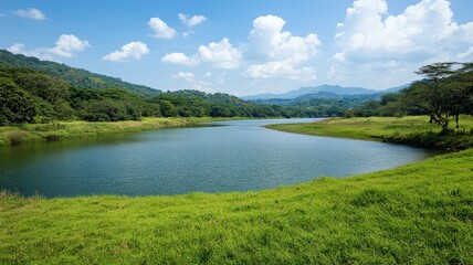 environmental impact conservation policy concept. Serene landscape featuring a calm lake surrounded by lush greenery and mountains under a clear blue sky.
