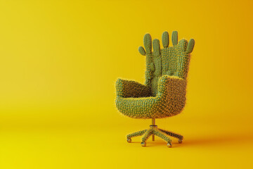Office chair made of cactuses. Uncomfortable situation, hemorrhoids concept. Cactus leather, sustainable vegan alternative to animal leather. Green eco living, cruelty-free