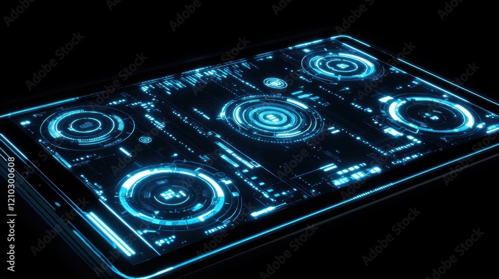 Poster futuristic glowing blue holographic interface displaying complex data analysis and processing inform