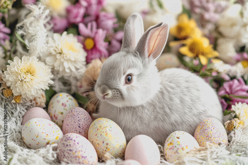 Poster white rabbit sitting in a basket filled with colorful easter eggs on a soft background for spring ce