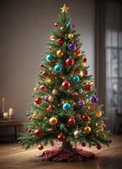 Naklejka premium Christmas tree with colorful ornaments on branches, Christmas season, holiday decoration