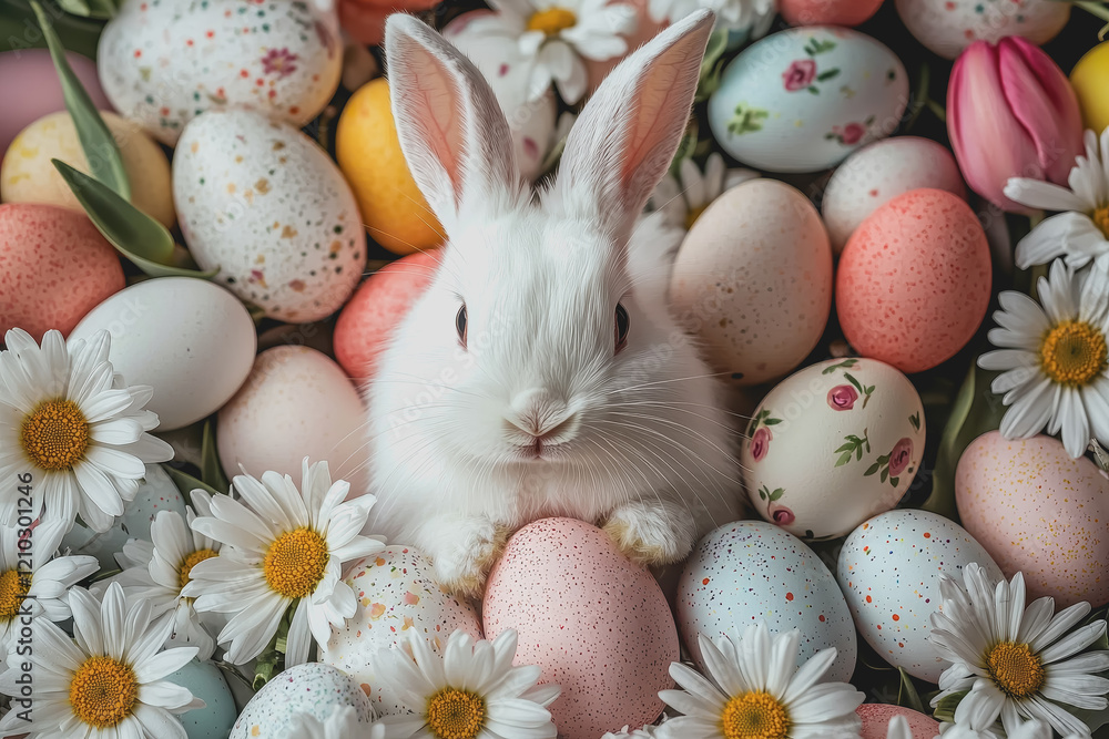 Poster white rabbit sitting in a colorful pile of decorative eggs in a spring setting with grass and flower