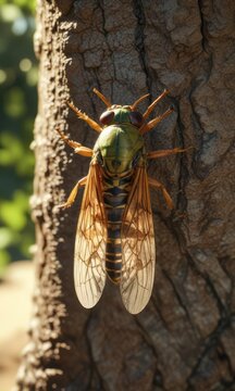 Cicada Cicadetta pellosoma in the summer sunlight , cicadas, nature