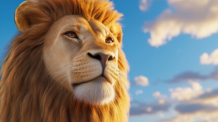 Fototapeta premium Majestic Lion Portrait Against Clear Blue Sky and Fluffy Clouds