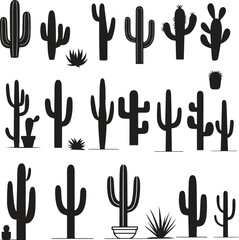 Black cactus tree silhouette vector art set illustration on white background